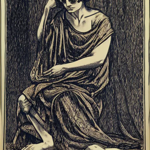 Image similar to A beautiful print. Her cell is as bare as mine. She is sitting in the middle, hugging her knees, wrapped in a toga-like garment. by Austin Osman Spare natural