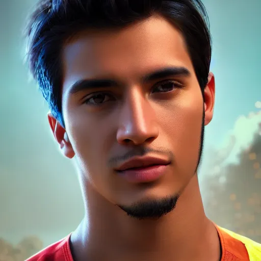 Image similar to portrait art of a good looking young Peruvian man with no facial hair, 8k ultra realistic, lens flare, atmosphere, glow, detailed,intricate, full of colour, cinematic lighting, trending on artstation, 4k, hyperrealistic, focused, extreme details,unreal engine 5, cinematic, masterpiece