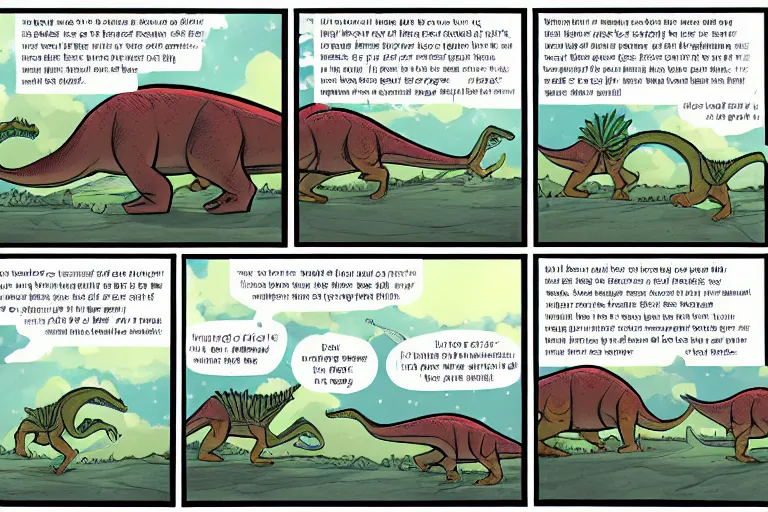 Prompt: a comic page with two dinosaurs speaking about asteroids