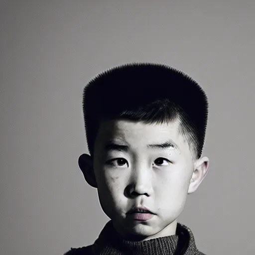 Image similar to dramatic portrait of chinese boy buzz cut, in the style of the simpsons