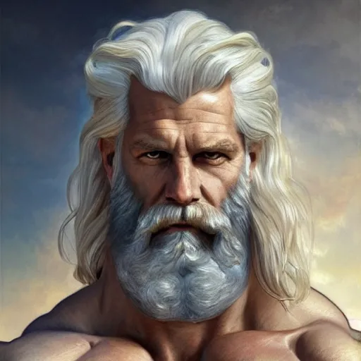 Image similar to painted portrait of rugged zeus, greek god, 4 0 years old, handsome, white hair, soft hair, upper body, muscular, hairy torso, fantasy, intricate, elegant, highly detailed, digital painting, artstation, concept art, smooth, sharp focus, illustration, art by artgerm and greg rutkowski and alphonse mucha