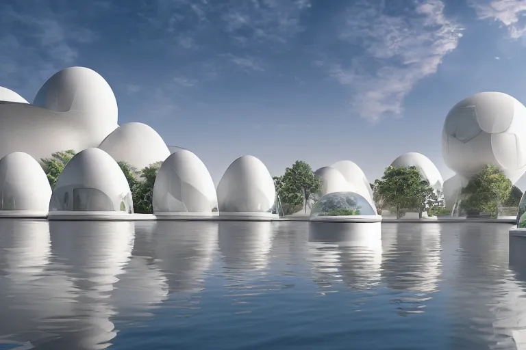 Image similar to a building composed of many white spherical egg shaped circular spaces and boolean combinations stacked together. on the calm lake, people's perspective modern curved architecture, future, wood, marble, metal award winning, highly detailed 4 k art, dusk, unreal engine highly rendered, global illumination, radial light, internal environment by kazuyo sejima