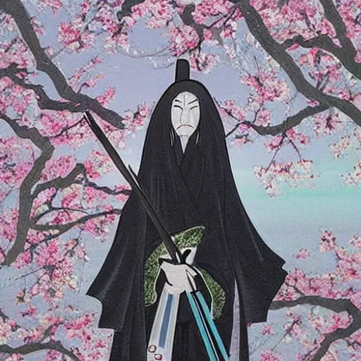 Image similar to a beautiful White cloaked Samurai Warrior with Sword Drawn in a garden of Cherry Blossom Trees :: Mystical, Magical, Supernatural :: by Tomomi Abe
