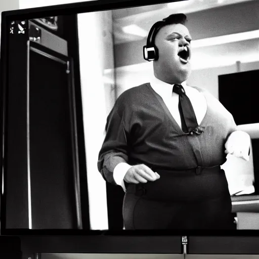 Image similar to obese Frank Sinatra wearing a headset yelling at his monitor while playing WoW highly detailed wide angle lens 10:9 aspect ration award winning photography by David Lynch esoteric erasure head