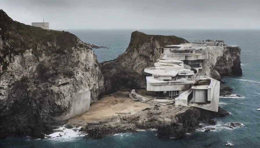 Image similar to coastal perched on a cliff overlooking a magnificient bay, bond villain base, brutalist imperial military base, drawing architecture, imperial architecture in rogue one, pritzker architecture prize, brutalism architecture, jan urschel, greig fraser