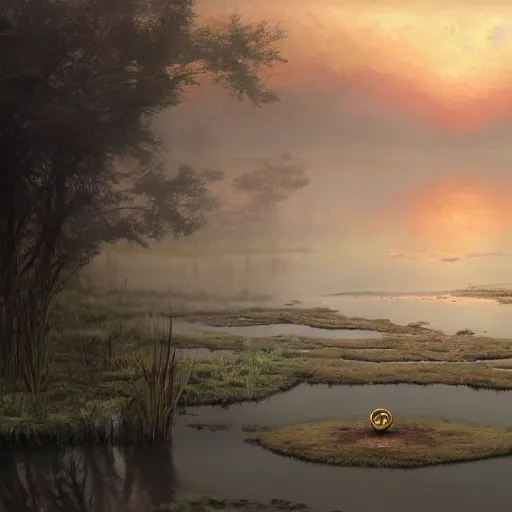 Prompt: a detailed and accurate masterpiece painting of a small incan coin in muddy water in a swamp, foggy sunset, by tyler edlin, noah bradley, john j. park, jordan grimmer trending on artstation