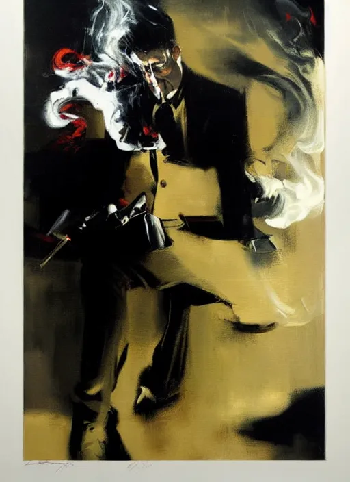 Image similar to david lynch, smoking, smoke billowing, painting by phil hale, 'action lines'!!!, graphic style, visible brushstrokes, motion blur, blurry