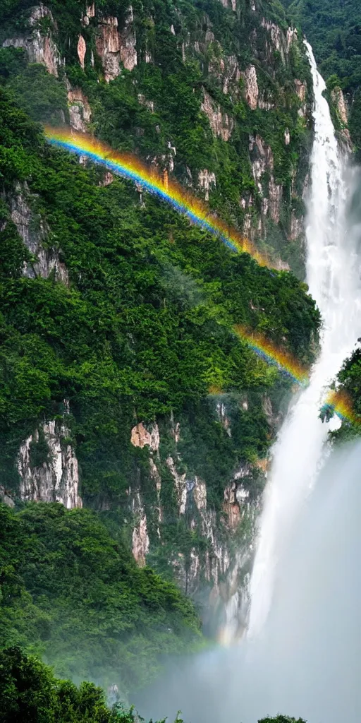 Image similar to A cloudy peak in southern China with one waterfall,rainbow in the middle of the waterfall. the style of National Geographic magazine