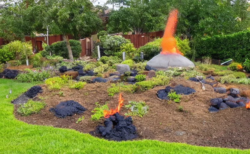 Image similar to suburban yard with miniature volcano erupting in the yard, ground level, lava shower, lava river