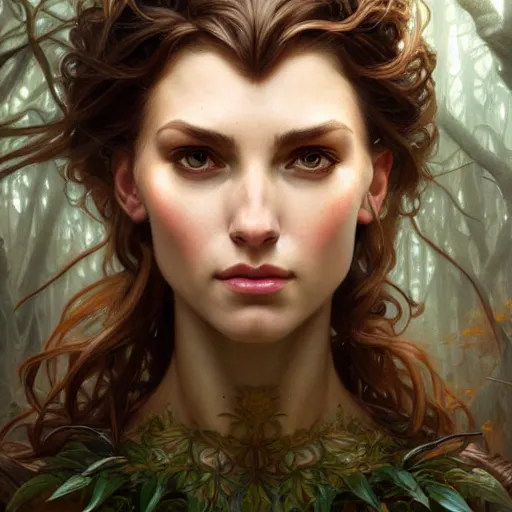 Prompt: alexandra daddarioportrait of forest gog, female, clear face, masculine, upper body, muscular, fantasy, intricate, elegant, highly detailed, digital painting, artstation, concept art, matte, sharp focus, illustration, art by artgerm and greg rutkowski and alphonse mucha