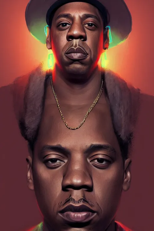 Prompt: portrait of rapper jay - z with hat, staring directly into camera, intricate, elegant, glowing lights, highly detailed, digital painting, artstation, sharp focus, illustration, art by wlop, mars ravelo and greg rutkowski