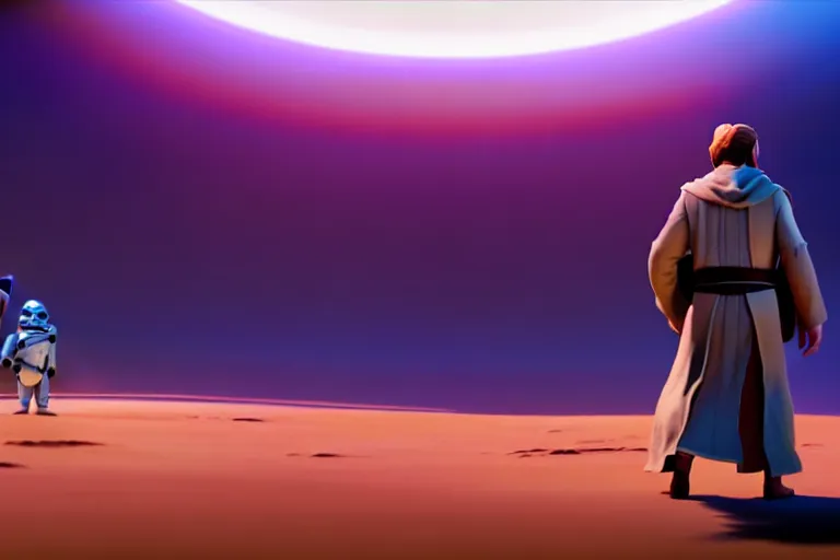 Image similar to obi wan kenobi, screenshot in a typical pixar movie, disney infinity 3 star wars style, volumetric lighting, subsurface scattering, photorealistic, octane render, medium shot, studio ghibli, pixar and disney animation, sharp, rendered in unreal engine 5, anime key art by greg rutkowski and josh black, bloom, dramatic lighting