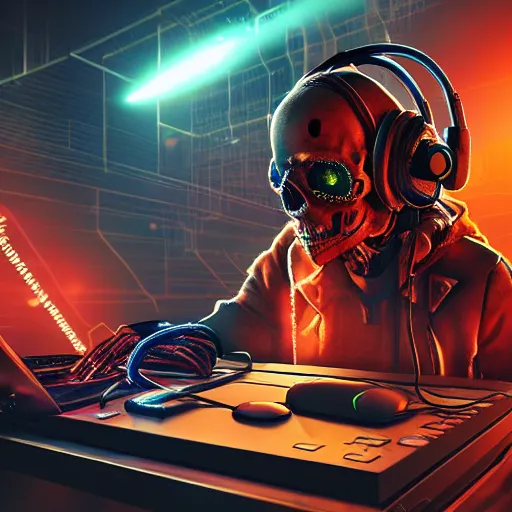 Prompt: cyberpunk skeleton with headphones playing synthesizer, smoky lights, lasers, highly detailed, realistic, dusty, technology and magic,