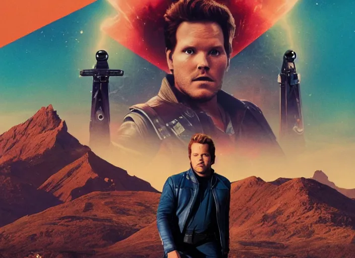 Image similar to a very high resolution image from a new movie, starlord. in a room full of posters and vinyls. mountains, directed by wes anderson
