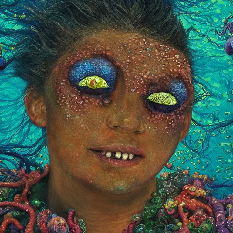 Image similar to Hyperrealistic intensely colored close up studio Photograph portrait of a deep sea bioluminescent Zendaya covered in chromatophores, symmetrical face realistic proportions eye contact golden eyes, laughing and laying on a coral reef underwater, award-winning portrait oil painting by Norman Rockwell and Zdzisław Beksiński vivid colors high contrast hyperrealism 8k