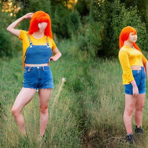 Prompt: misty from pokemon, orange hair in a side ponytail, wearing a yellow shiort sleeved crop top, blue denim short shorts with red suspenders on top, standing in a field, by gottfried helnwein, dslr full body portrait, sigma 8 5 mm f 1. 8