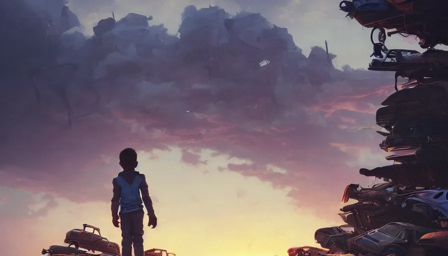 Image similar to kid standing on pile of cars on garbage dump, wasteland city, sunset sky, nostalgia feeling, greg rutkowski, alphonse mucha, trending on artstation, 4 k highly detailed art, digial art, karl schulschenk, dmitriy eremenkov