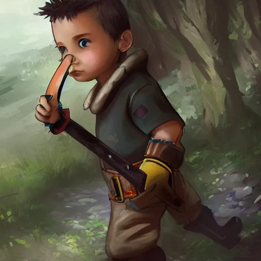 Prompt: A kid putting an eyepatch and waving a wooden sword, standing on a rock in the entrance of a forest, digital art, trending on artstation