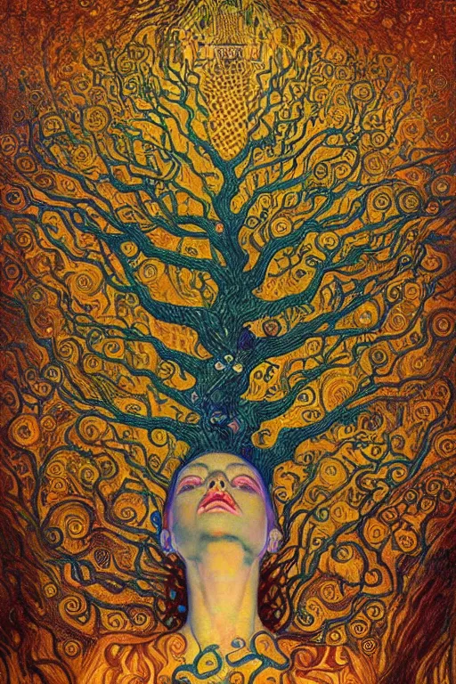 Image similar to Tree of Life by Karol Bak, Jean Deville, Gustav Klimt, and Vincent Van Gogh, mysterious, sacred geometry, Surreality, radiant halo, colorful jeweled leaves, otherworldly, enigma, fractal structures, celestial, arcane, ornate gilded medieval icon, third eye, spirals