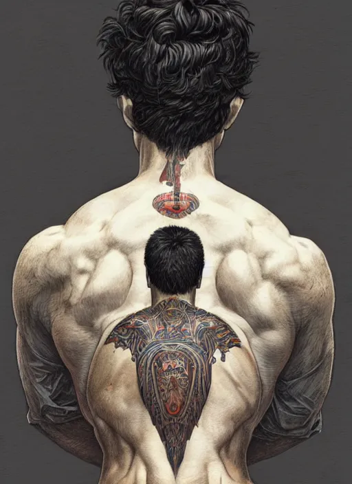 Prompt: darkhaired man seen from behind wearing loose tee shirt, head and shoulders, intricate, highly detailed, centered, digital painting, artstation, concept art, smooth, sharp focus, illustration, art by artgerm and donato giancola and Joseph Christian Leyendecker