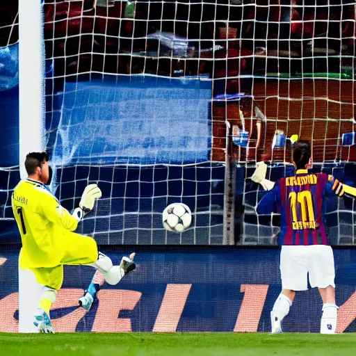 Image similar to messi scoring a bicycle kick with the real madrid shirt, the barca goalkeeper is a mole