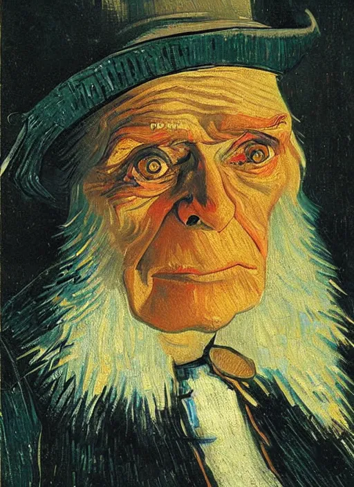 Image similar to lifelike oil painting portrait of ebenezer scrooge by van gogh