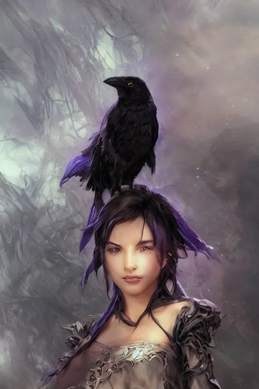 Image similar to portrait of a beautiful one raven perched on purple crystals that are glowing in a misty valley, establishing shot, extremly high detail, foto realistic, cinematic lighting, by yoshitaka amano, ruan jia, kentaro miura, artgerm, post processed, concept art, artstation, raphael lacoste, alex ross