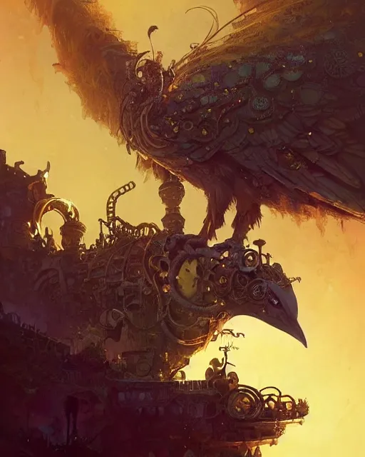 Image similar to a close - up stunning fantasy scene of an adorable steampunk crow | highly detailed | very intricate | disney | magic the gathering | steampunk | dramatic romantic epic breathtaking whimsical magical | professional cinematic lighting | award - winning | painted by marc simonetti and anton fadeev and paul lehr and rhads and alena aenami | pastel color palette | featured on artstation