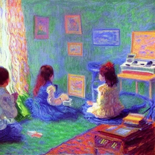 Image similar to monet painting of a 90s bedroom, kids sitting around playing nintendo, colorful,