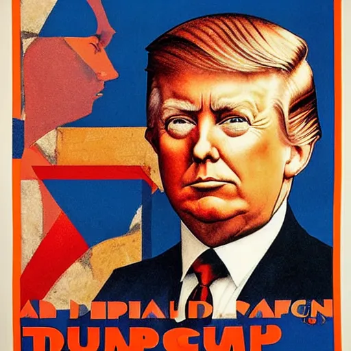 Image similar to a colorful 1920s propaganda poster of Donald trumps face looking at the camera, only his face, mosaic, high contrast, norman Rockwell,