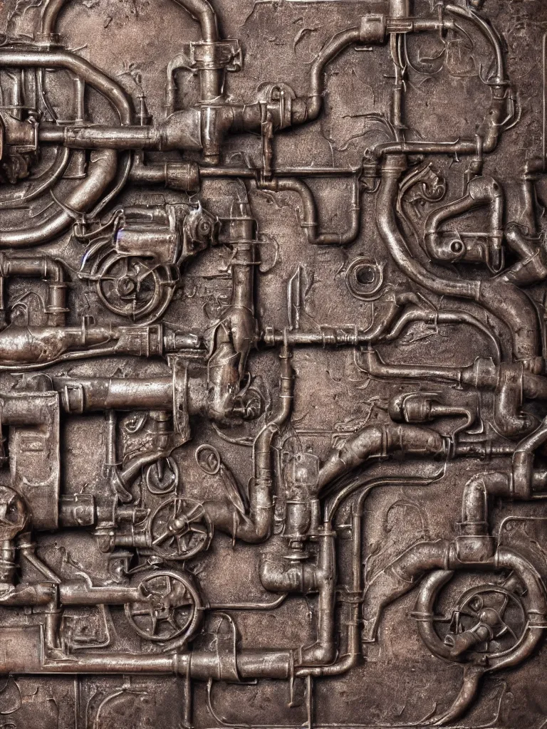 Image similar to relief sculpture carving in rusted steel of machine guns, industrial pipes, valves, steam, dramatic lighting, hyperrealistic, ultrarealistic, intricate details, 4k