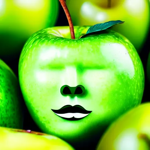 Image similar to human face on green apple, crying, tears in eyes