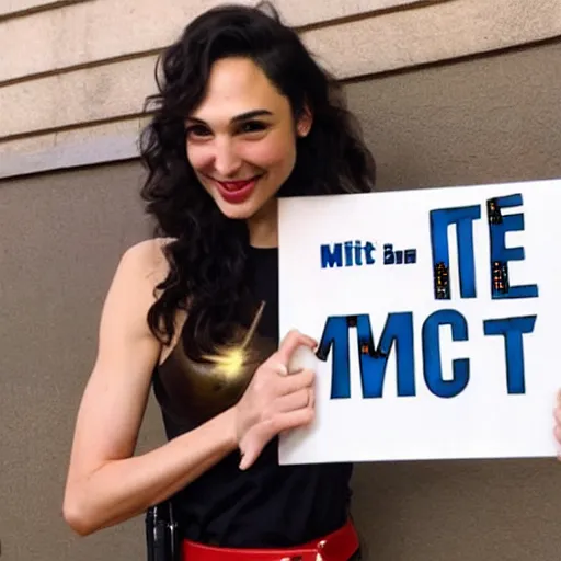 Image similar to Gal Gadot holding a sign that says M I T C H I E P O O !!!! as painted by Ralph Horsley