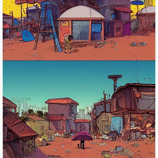 Image similar to an illustrated portrait of a person living is a small slum town on an alien world. science fiction art. colourful junk. moebius. very clean illustration