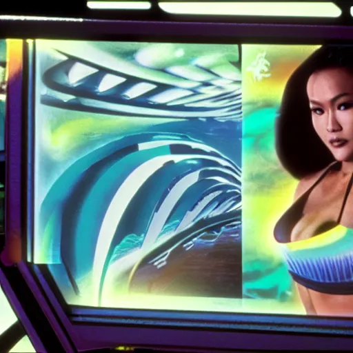 Image similar to a VHS still of a concept art with a photo of Tia Carrere in a vaporwave artwork composition, Windows98 logo, in the movie Lifeforce (1985) 8k, intricate, pastel colors