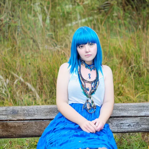 Image similar to dslr photo of a pretty young woman, full bodied portrait, with blue hair, sitting on a bench wearing a flower skirt, and body and wearing hemp sandals and a very detailed faerie necklace around neck, very high quality face, intricate details, extremely high quality, moody lighting, real camera, real photo 8 k, full subject in shot