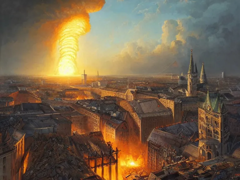 Image similar to , city of munich!!!, nuclear explosion!!!, rubble, hyperrealistic, highly detailed, cinematic, single ray of golden sunlight, beautiful, cgssociety, artstation, 8 k, oil painting by greg rutkowski, by artgerm, by wlop