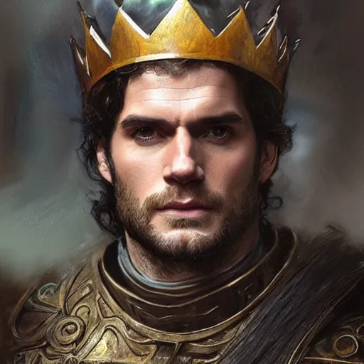 Prompt: henry cavill wearing a kings crown as a realistic fantasy d & d character, closeup portrait art by donato giancola and greg rutkowski, realistic face, digital art, trending on artstation