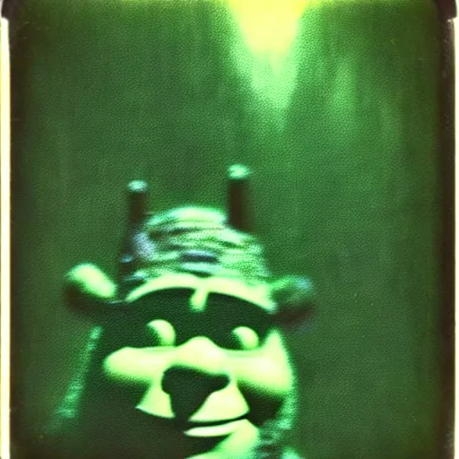 Image similar to 1 9 6 0's old polaroid of shrek staring from the depths of the dark gloomy forest, photorealistic, grainy, found footage, old film, low quality, horror, creepy, unsettling, liminal, strangely terrifying