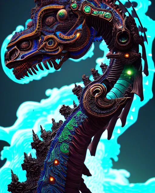 Image similar to 3 d ornate carved dark cosmic horse with profile portrait, sigma 5 0 0 mm f / 5. beautiful intricate highly detailed quetzalcoatl skull. bioluminescent, plasma, lava, ice, water, wind, creature, thunderstorm! artwork by tooth wu and wlop and beeple and greg rutkowski, 8 k trending on artstation