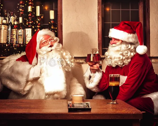 Image similar to santa claus chatting with socrates in a bar, professional photography, nighttime, noir photo, colors, golden lights, calm feeling