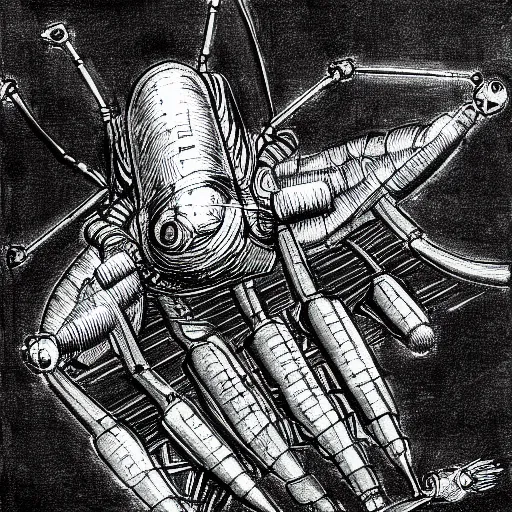 Image similar to drawing of a cyberpunk insectoid underwater alien and its minions, retro technology, leonardo da vinci style