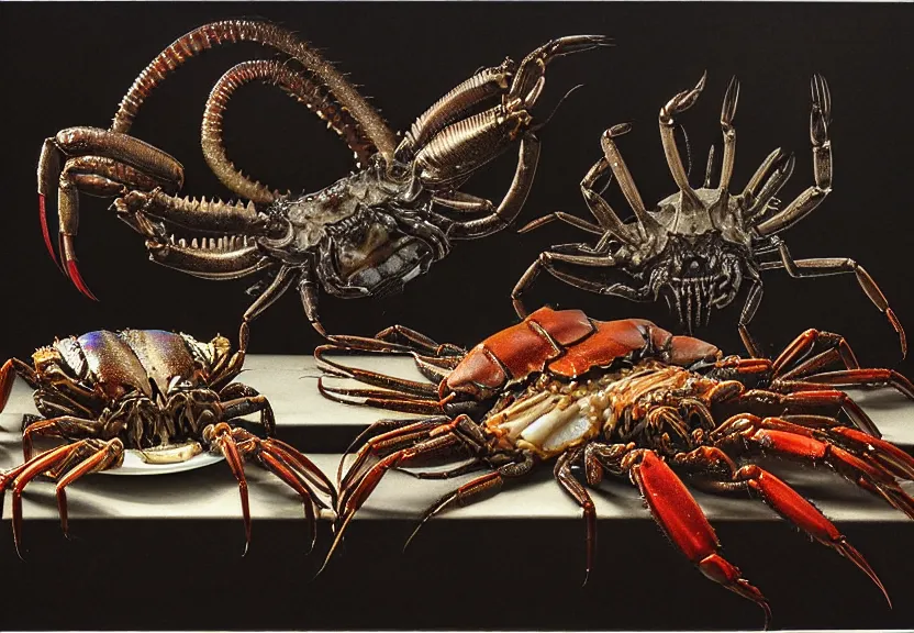 Prompt: an opulent banquet of food on a table covered with see - through crabs and see - through lobsters and iridescent millipedes. lots of clouds of smoke and a laser light show. giger ’ s xenomorph. the thing. reclaimed lumber, detailed and intricate environment, hyperrealism, food photography, rembrandt