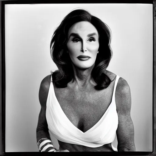 Image similar to photo of Caitlyn Jenner by Diane Arbus, black and white, high contrast, Rolleiflex, 55mm f/4 lens