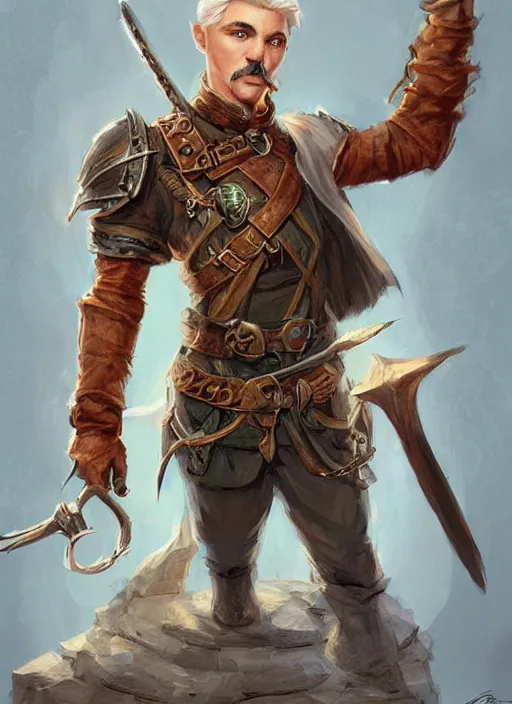 Image similar to young man with short white hair and moustache, dndbeyond, bright, colourful, realistic, dnd character portrait, full body, pathfinder, pinterest, art by ralph horsley, dnd, rpg, lotr game design fanart by concept art, behance hd, artstation, deviantart, hdr render in unreal engine 5