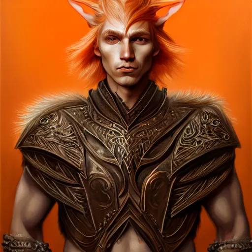 Prompt: portrait painting of an elven young man with short light orange hair and tribal tattoos on his face wearing fur armor, sharp focus, award - winning, trending on artstation, masterpiece, highly detailed, intricate. art by merwild and ernesto irawan and rachel denton
