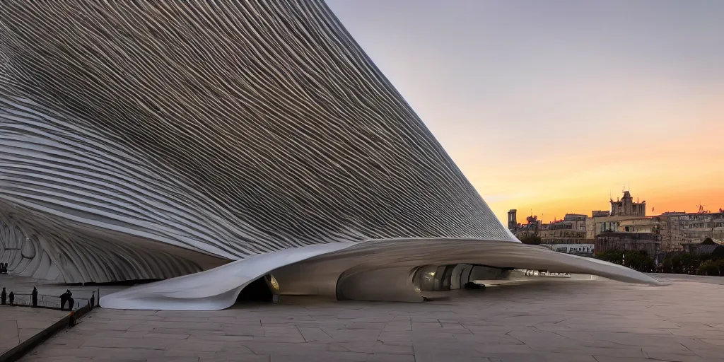 Image similar to extremely elegant smooth detailed stunning sophisticated beautiful elegant futuristic museum exterior by Zaha Hadid, Milan buildings in the background, smooth curvilinear design, stunning volumetric light, stainless steal, concrete, translucent material, beautiful sunset, tail lights