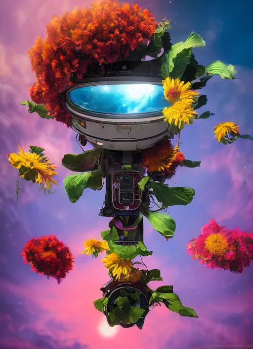 Image similar to An epic fantastic realism comic book style painting of the most beautiful flowers launched into space, bouquets, solar eclipse, fisheye, unreal 5, DAZ, hyperrealistic, octane render, dynamic lighting