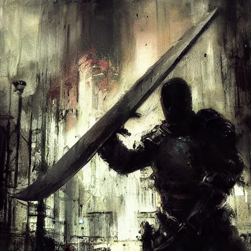 Image similar to knight holds sword made of lightning enemies everywhere, realistic, ultrahd, jeremy mann painting