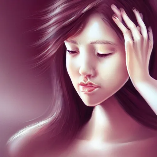 Image similar to A close-up portrait of a shy woman touching her hair, highly detailed, artstation, digital art, smooth